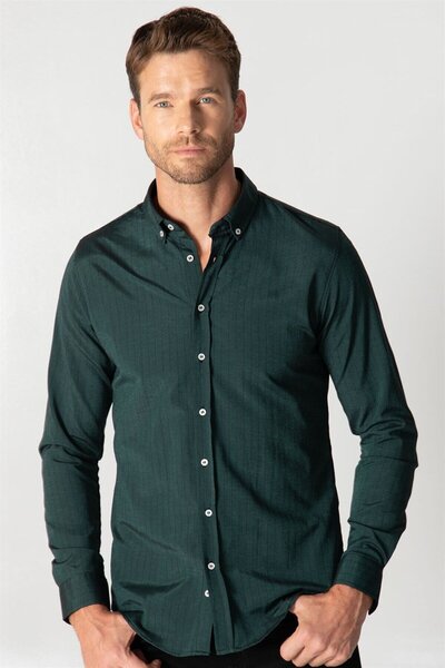 Tudors Slim Fit Uzun Kollu Düğmeli Yaka Pamuklu Kolay Ütü Çizgili Erkek Gömlek