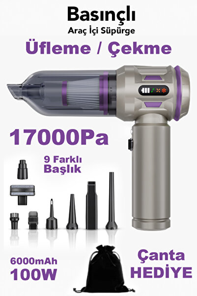 mimtec Kablosuz Araç İçi Süpürge - 17.000Pa Güçlü 9 Başlıklı Hava Çekmeli Üfl...