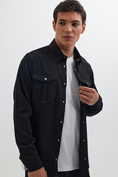 Tudors Pánská černá košile Slim Fit s dlouhým rukávem Slim Fit Denim Sportovn...