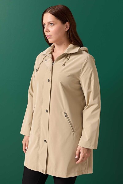 Selen Giyim Büyük Beden Önü Fermuarlı Çıtçıtlı Trençkot / BEJ