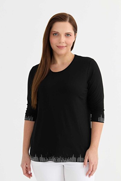 Selen Giyim Büyük Beden Etek Ucu ve Kol Ucu Taşlı Penye Bluz / SİYAH