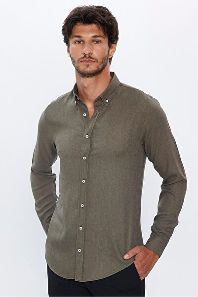 Tudors Slim Fit Uzun Kollu Düğmeli Yaka Kışlık Yün Viskon Düz Gömlek