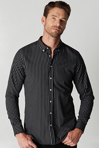 Tudors Slim Fit Uzun Kollu Düğmeli Yaka Pamuklu Kolay Ütü Çizgili Erkek Gömlek