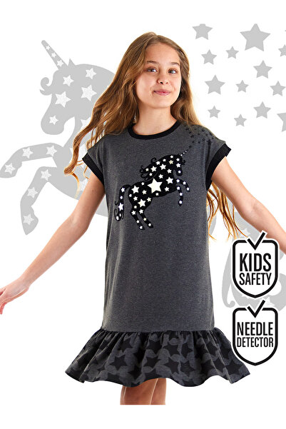 MSHB&G Unicorn Patterned Starry Gray Girl's Summer Dress - Ruffled