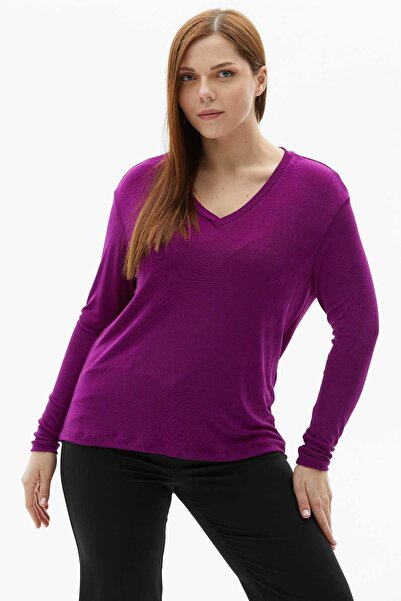 Selen Giyim Büyük Beden V Yaka Uzun Kol Buzi Bluz / FUŞYA