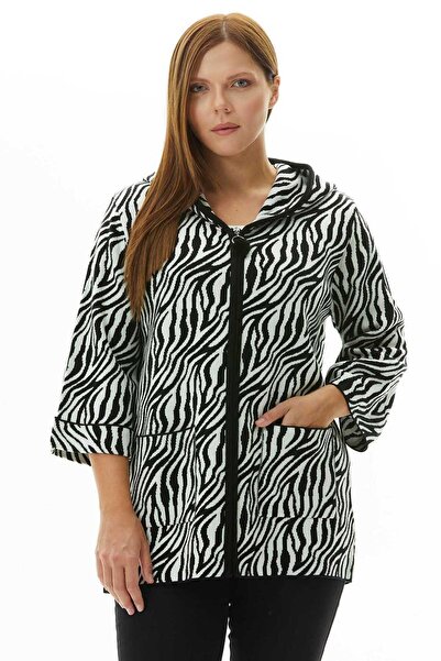 Genel Markalar Büyük Beden Kapüşonlu Zebra Desen Triko Hırka / SİY-BEY