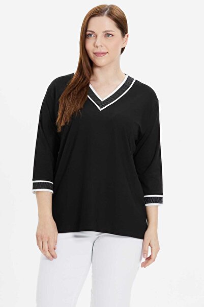 Genel Markalar Büyük Beden V Yaka Simli Zigzag Ribanalı Penye Bluz / SİYAH
