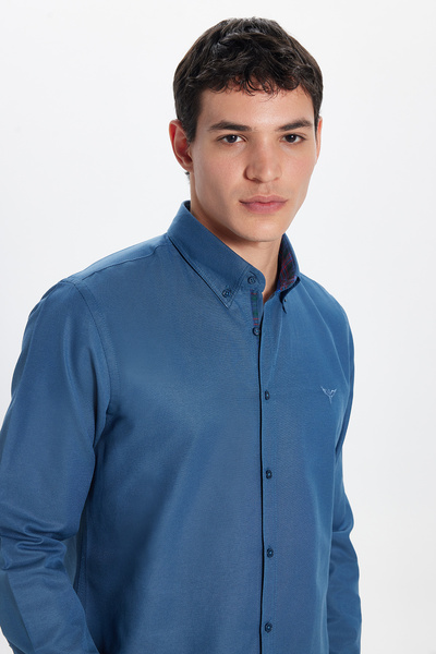 Tudors قميص أكسفورد للرجال ذو قصة ضيقة بلون بترولي - أكمام طويلة وياقة بأزرار