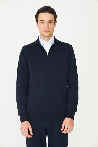 White Stone Dik Yaka Yarım Fermuarlı Premium Triko Kazak Lacivert