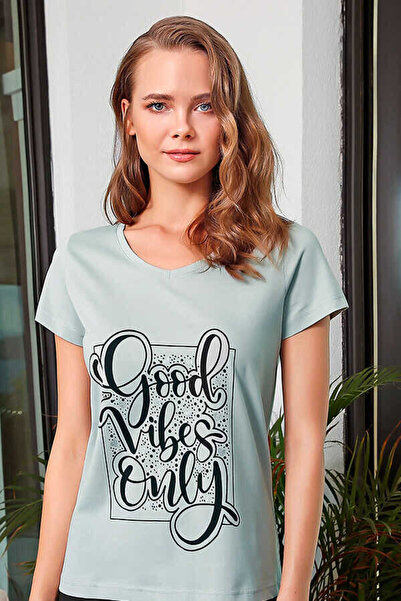 Berrak Women's Green Printed Short Sleeve T-Shirt 8115