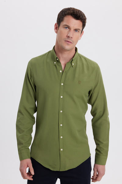 Tudors Erkek Slim Fit Dar Kesim Düz Oxford Armalı Düğmeli Yaka Yeşil Spor Gömlek