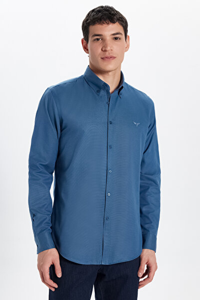 Tudors Erkek Slim Fit Dar Kesim Uzun Kollu Pamuklu Oxford Doku Lacivert Düğme...