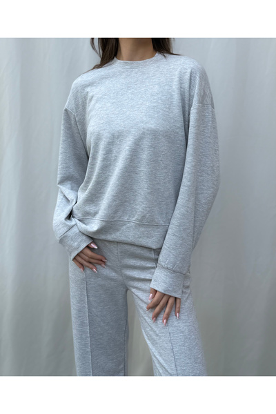 olleo studio Kadın Gri Melanj Modal Kumaş Yumuşak Tuşe Sweatshirt