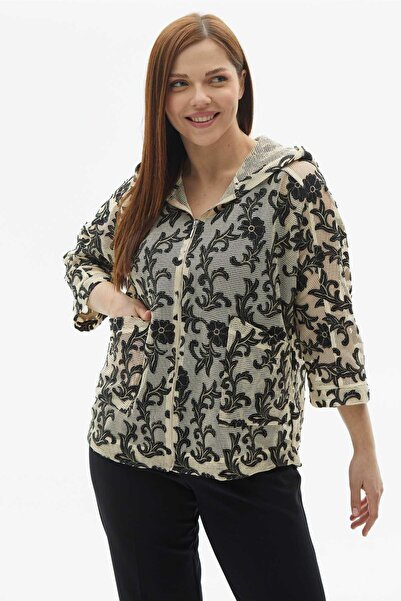 Selen Giyim Büyük Beden Kendinden Jakarlı Kapüşonlu Hırka / SİYAH