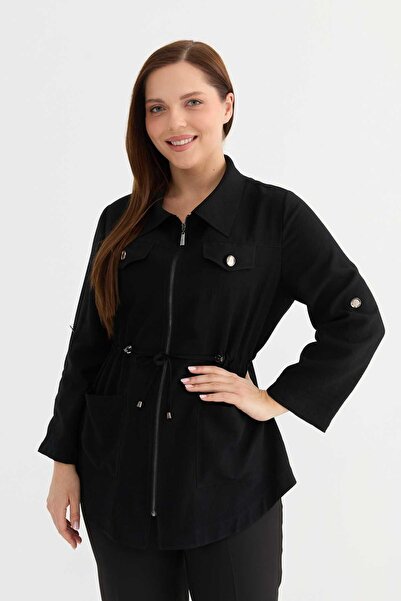 Selen Giyim Büyük Beden Beli Büzgülü Çift Cepli Ceket / SİYAH