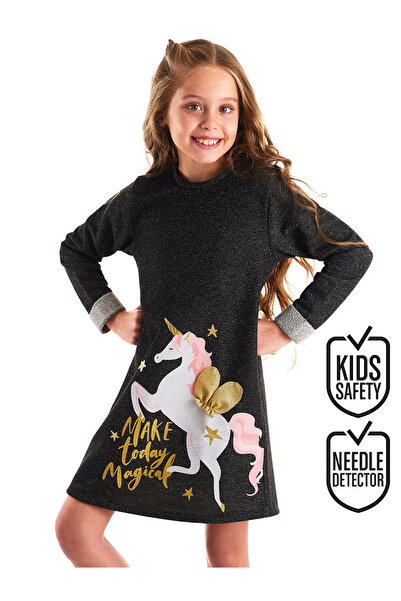 MSHB&G Černé dívčí zimní šaty se vzorem jednorožce - s křídly