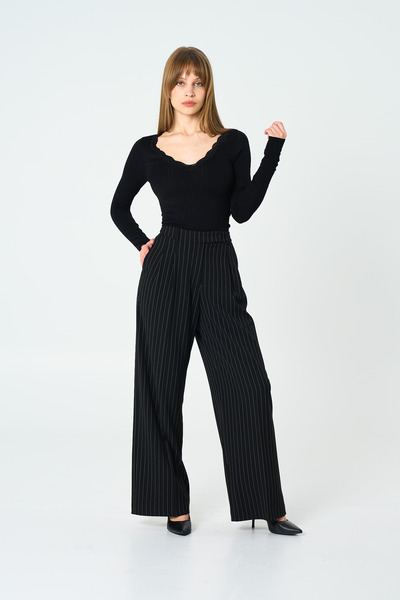 Thalure Kadın Siyah Çizgili Çift Pileli Pantolon