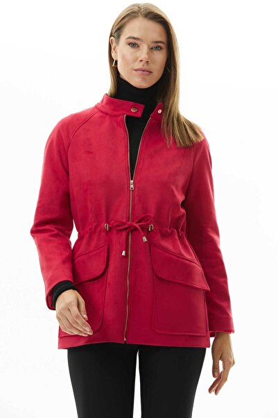 Genel Markalar Beli Büzgülü Raglan Kol Dıştan Cep Süet Ceket / KIRMIZI