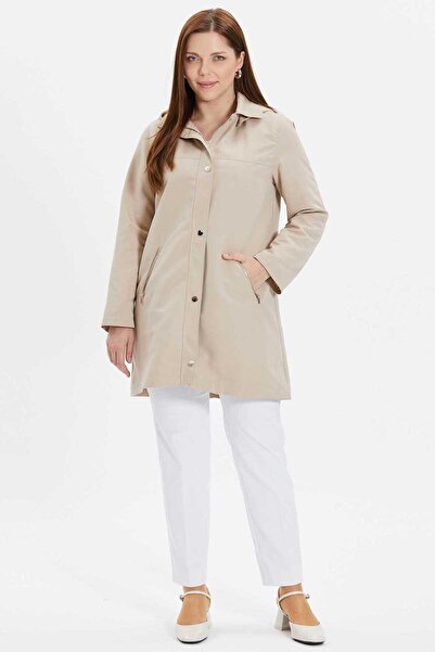 Genel Markalar Büyük Beden Önü Çıtçıtlı Cebi Fermuarlı Trençkot / TAŞ