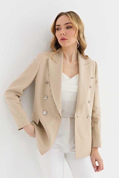 Selen Giyim Kruvaze Fermuar Aksesuarlı Ceket / BEJ