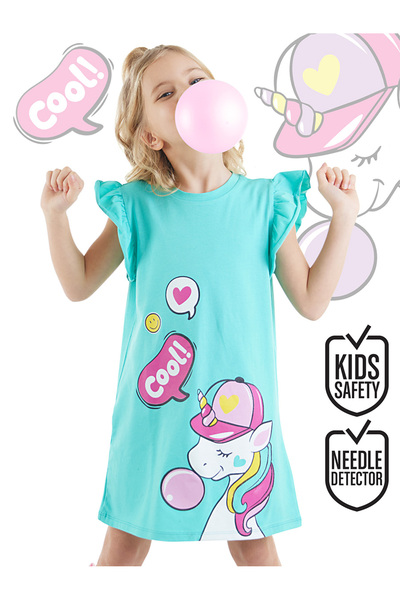 Denokids Türkises Sommerkleid aus Gummi für Mädchen mit Einhornmuster und Rüs...