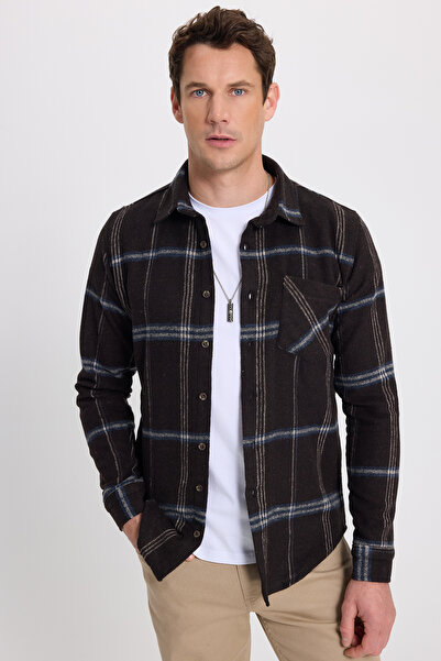 Tudors Erkek Slim Fit Dar Kesim Kareli Cepli Siyah Oduncu Gömlek