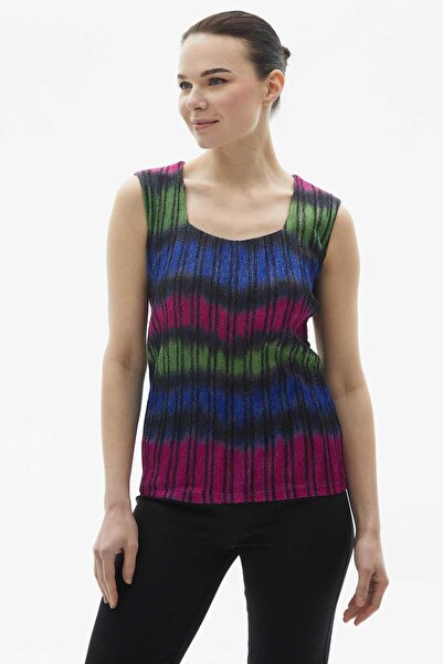 Selen Giyim Kare Yaka Kendinden Simli Çizgili Bluz / YEŞİL