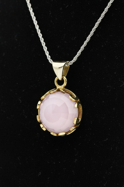 Roza Silver Pembe Kuvars Taşlı Vav Harfi Motifli Otantik Gümüş Kadın Kolye