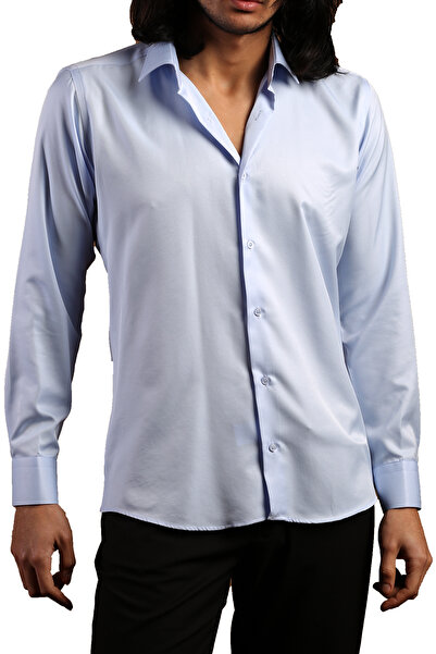 Dicotto Cămașă de culoare solidă slim fit cu butoni din microțesătură albastr...