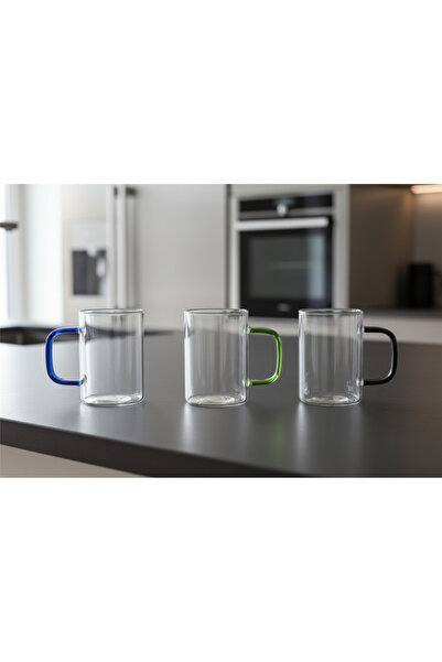 İpek Porselen 6 Kişilik Borosilikat Kare Renkli Saplı Cam Kahve-Çay Takımı Is...