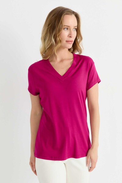 Selen Giyim V Yaka Kısa Kol Bluz / FUŞYA