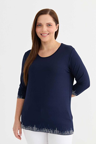 Selen Giyim Büyük Beden Etek Ucu ve Kol Ucu Taşlı Penye Bluz / LACİVERT