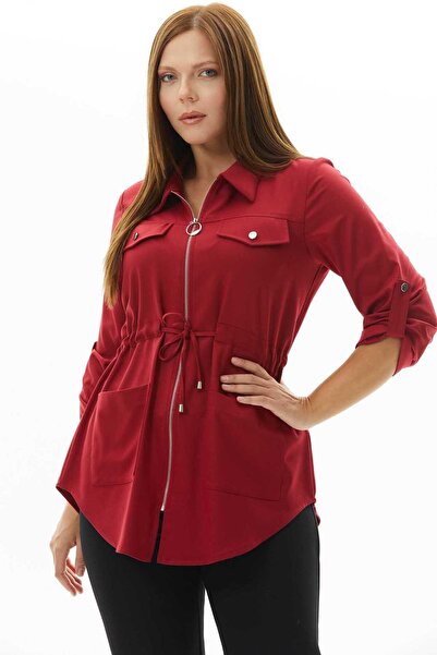 Selen Giyim Büyük Beden Beli Bağlamalı Çok Cepli Ceket / KIRMIZI