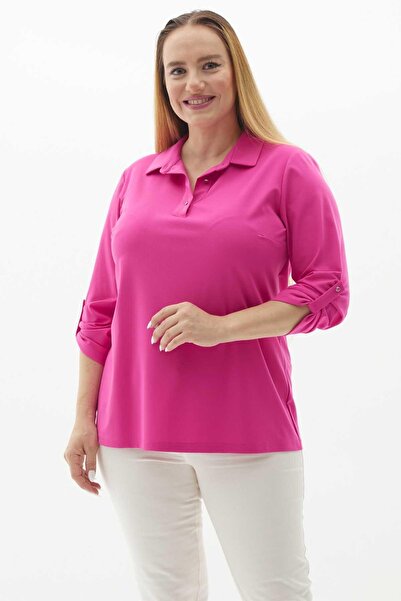 Genel Markalar Büyük Beden Önü Düğmeli Şömiziye Yaka Penye Bluz / FUŞYA