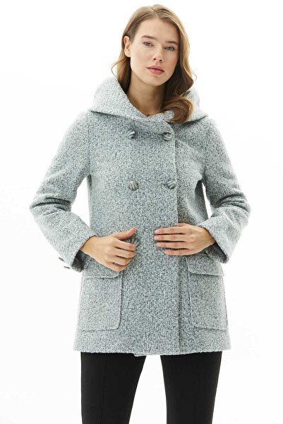 Selen Giyim Kruvaze Kendinden Kapüşonlu Kırçıllı Kaban / GRİ