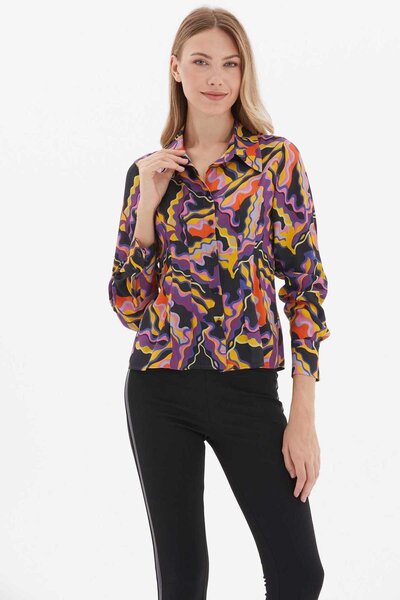 Selen Giyim Çift Pensli Soyut Desen Emprime Bluz / MOR