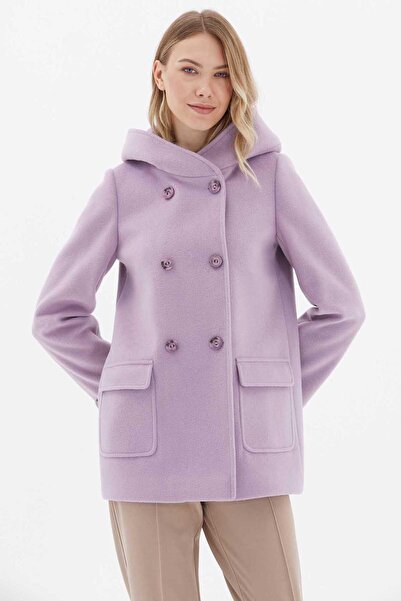 Selen Giyim Kendinden Kapüşonlu Kruvaze Dıştan Cep Kaban / LİLA