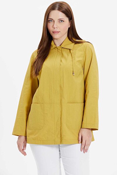 Selen Giyim Büyük Beden Kapüşonlu Önü Fermuarlı Trençkot / HARDAL