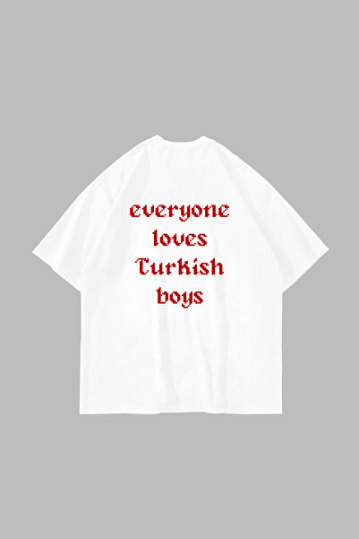 Sekizbiraltı Loves Turkish Boys Baskılı Oversize Unisex Beyaz Tshirt