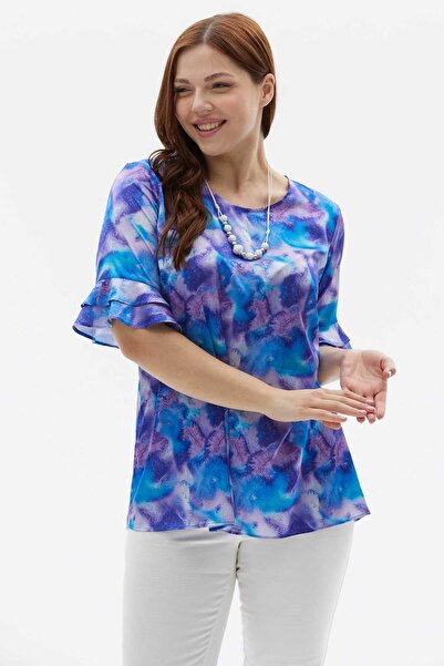 Genel Markalar Büyük Beden Kol Ucu Çift Fırfırlı Batik Desen Bluz / MAVİ