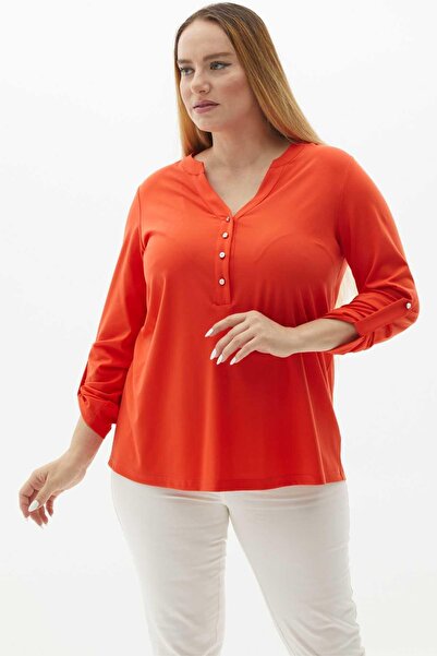 Genel Markalar Büyük Beden V Yaka Önü Düğmeli Penye Bluz / MERCAN