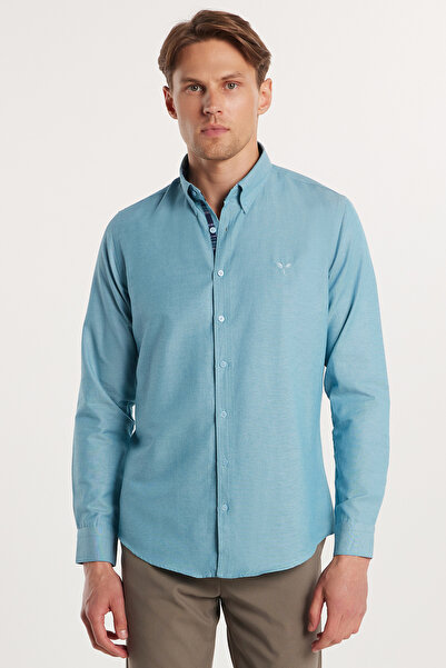 Tudors قميص رجالي بقصة ضيقة وأكمام طويلة من القطن بنسيج أكسفورد بلون زيتي ويا...