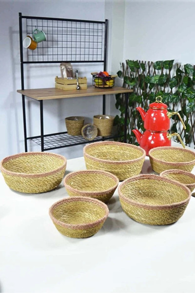 SepetçiBaba Κομψό - Σετ ψάθινων καλαθιών 7 τεμαχίων με ροζ άκρες, φυσικός οργ...