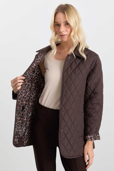 Selen Giyim İçi Leopar Astarlı Şömizye Yaka Kapitone Mont / KAHVE