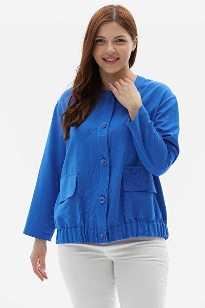 Selen Giyim Büyük Beden Sıfır Yaka Etek Ucu Lastikli Ceket / MAVİ