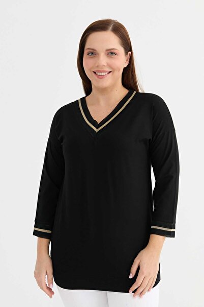 Selen Giyim Büyük Beden Uzun Kol Simli Ribanalı Penye Bluz / SİYAH