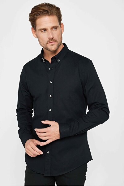 Tudors Cămașă neagră, cu guler, cu nasturi, din bumbac, cu mânecă lungă
