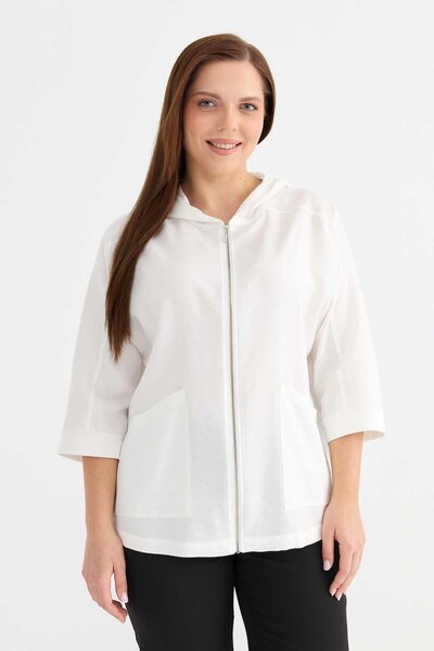 Selen Giyim Büyük Beden Önü Fermuarlı Dıştan Cep Ceket / EKRU