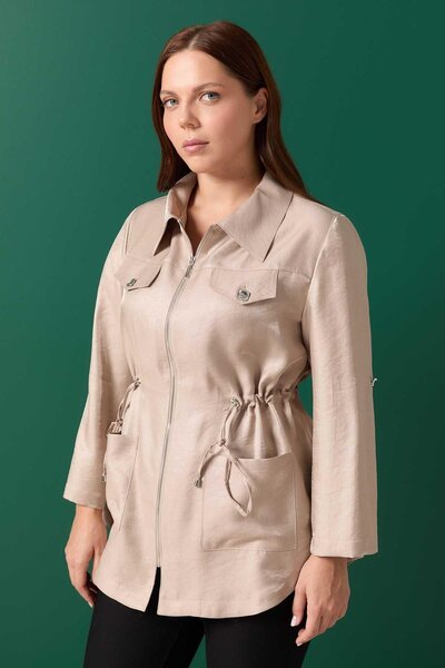 Selen Giyim Büyük Beden Beli Büzgülü Fermuarlı Ceket / TAŞ