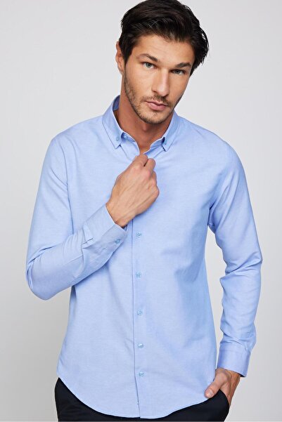 Tudors Slim Fit Uzun Kollu Düğmeli Yaka Pamuklu Kolay Ütü Düz Mavi Erkek Gömlek